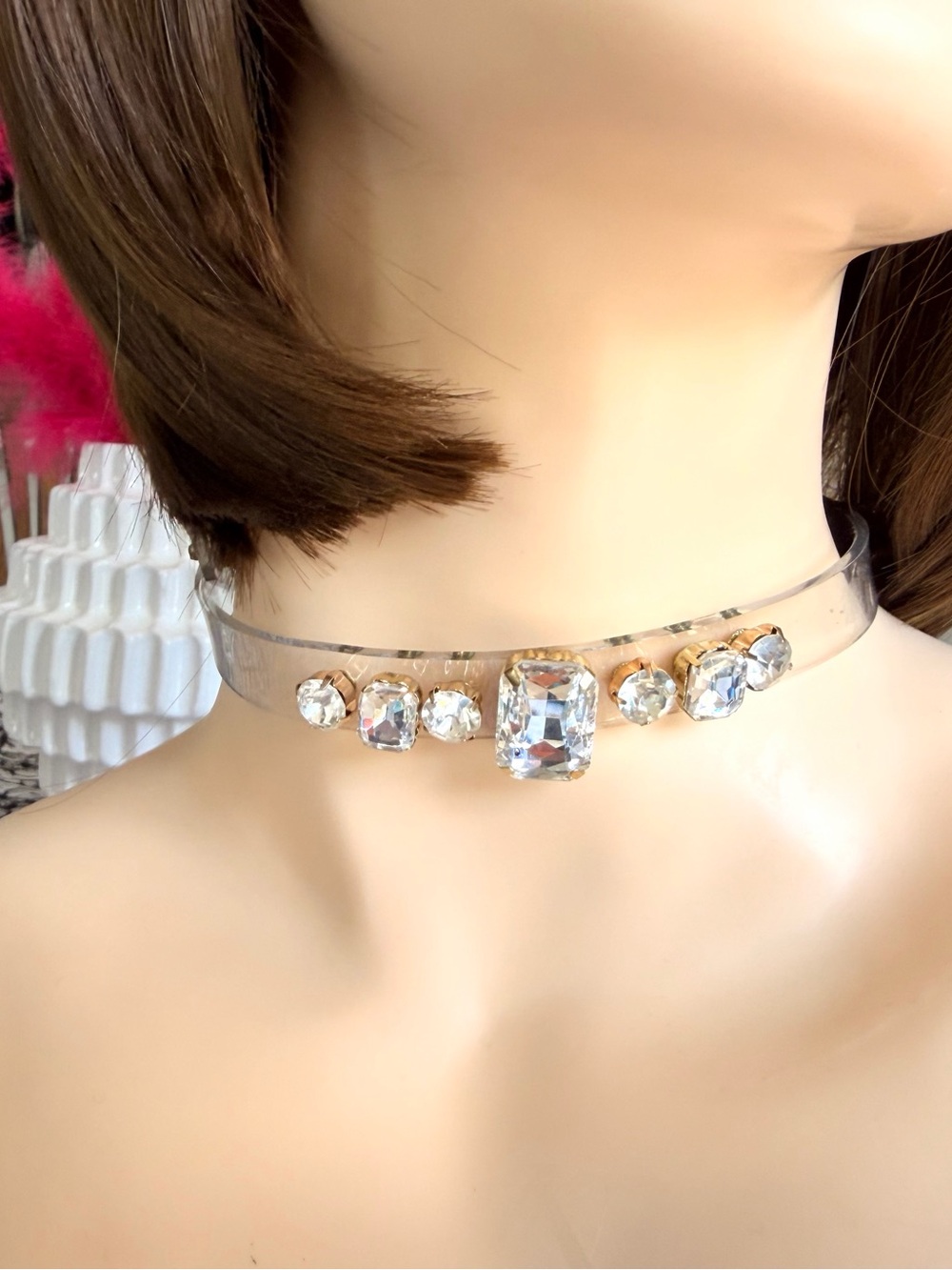 Taramanda Clear Acrylic Rhinestone Choker Necklace Statement NWT Y2K